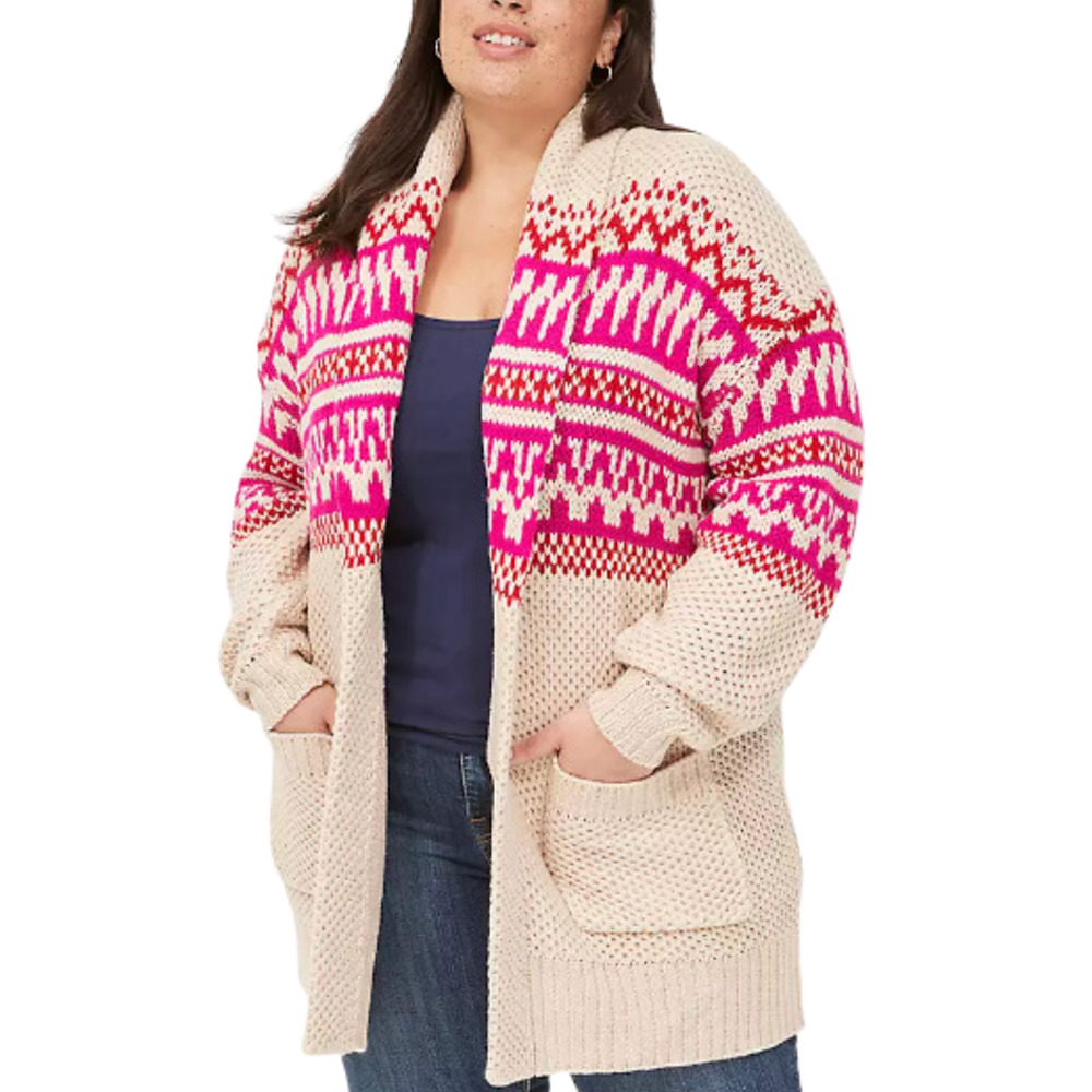 LANE BRYANT OATMEAL HEATHER PINK SHAWL COLLAR JACQUARD CARDIGAN SWEATER SZ 18/20